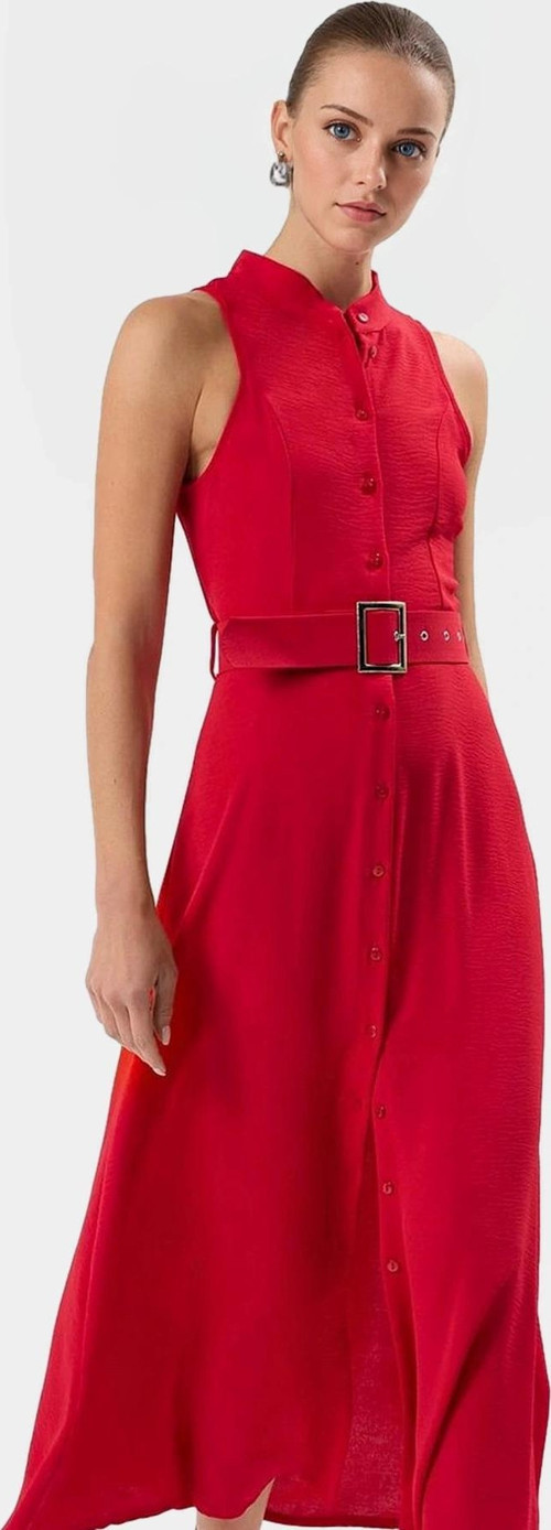 Maxi Kemerli Gömlek Elbise Dokuma Polyester Yazlık Şık Tasarım Seçkin Malzeme Trend
