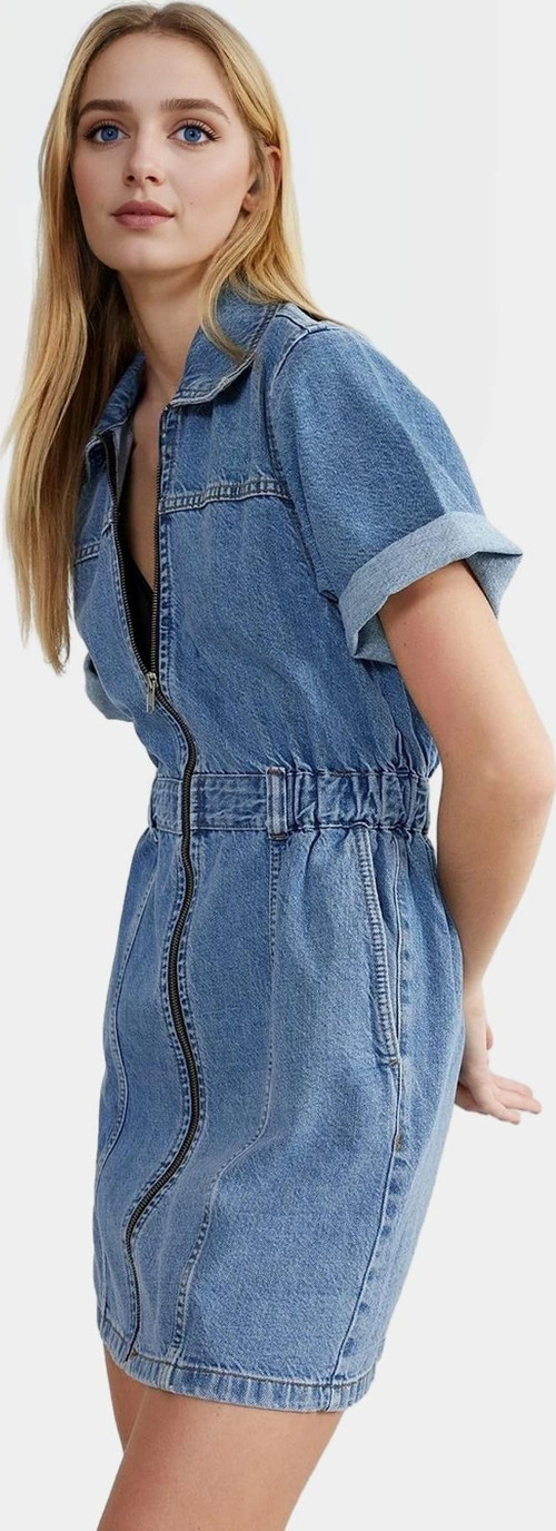 Mini Denim Elbise Fermuar Detaylı Standart Kol Basic Koleksiyon Konforlu Kesim Mükemmel Uyum