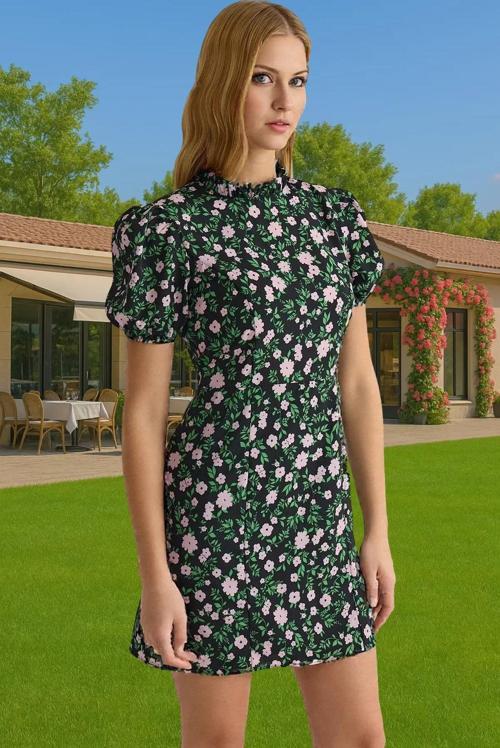 Çiçekli A Kesim Mini Elbise Polyester Moss Krep Yazlık Günlük Konforlu Kesim Şık Görünüm