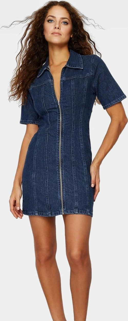 Denim Fermuarlı Mini Elbise Bodycon Kalıp 99 Pamuk Rahat Günlük Stil Özenle Seçilmiş Seçkin Malzeme