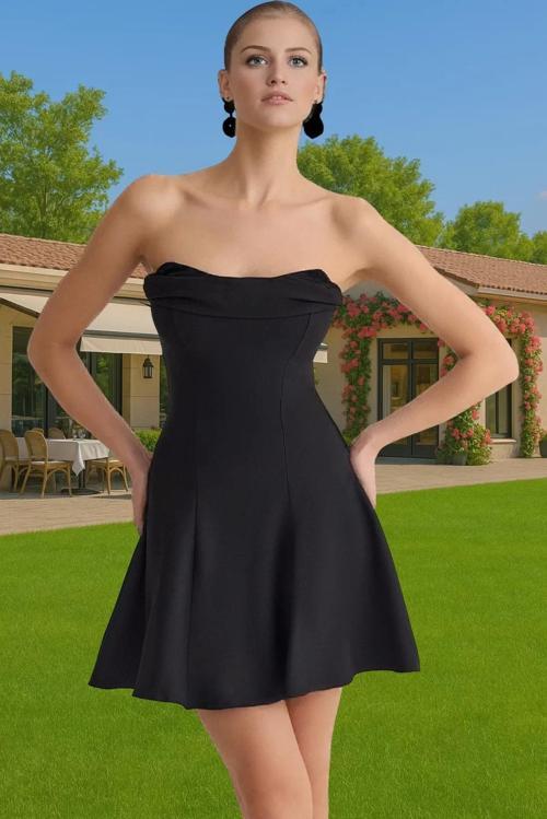 Straplez A Kesim Kısa Dokuma Abiye Elbise Yaz Mezuniyet Modern Stil Uzun Ömürlü Seçkin Malzeme