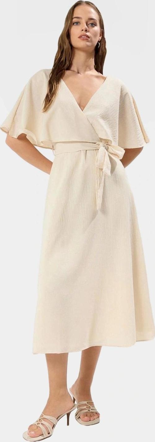 A Kesim Keten Görünümlü Midi Elbise Kısa Melek Kol Astarlı Pelerin Detay Modern Stil