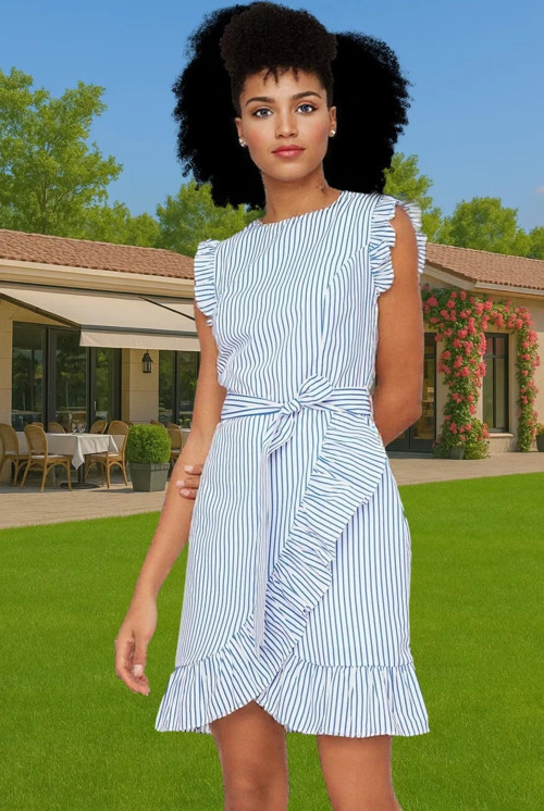 Çizgili Mini Poplin Elbise A line Bel Kuşağı Yazlık Günlük Rahat Kullanım Özenle Seçilmiş