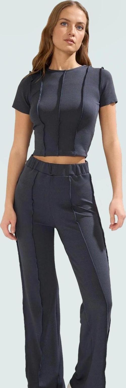 Kadın Bisiklet Yaka Kısa Kollu Örme Üst Alt Takım Yüksek Bel Pantolon Günlük Stil Mükemmel Uyum