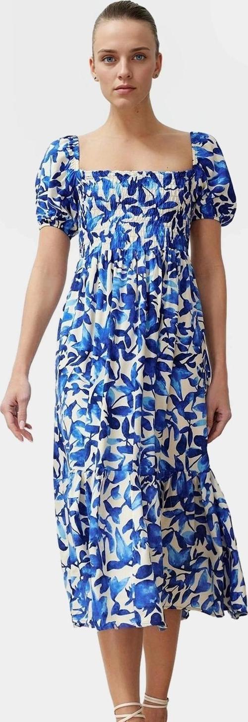 Çiçekli Skater Midi Elbise Viskoz Kumaş Rahat Günlük Yazlık Kullanım İçin