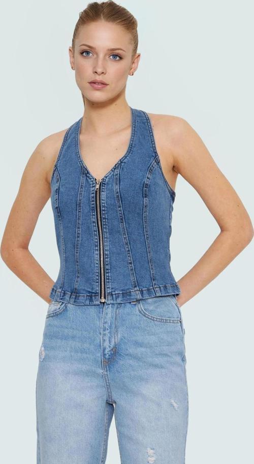 Yazlık Denim Bluz Fitted Halter Yaka Stretch Pamuklu Günlük Şık Görünüm Zarifane Tasarım