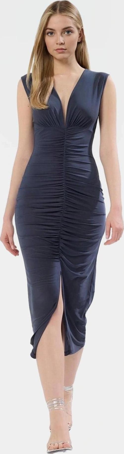 Şık Bodycon V Yaka Örme Midi Elbise Polyester Elastan Kumaştan Gündüz Ve Gece Rahat Kullanım