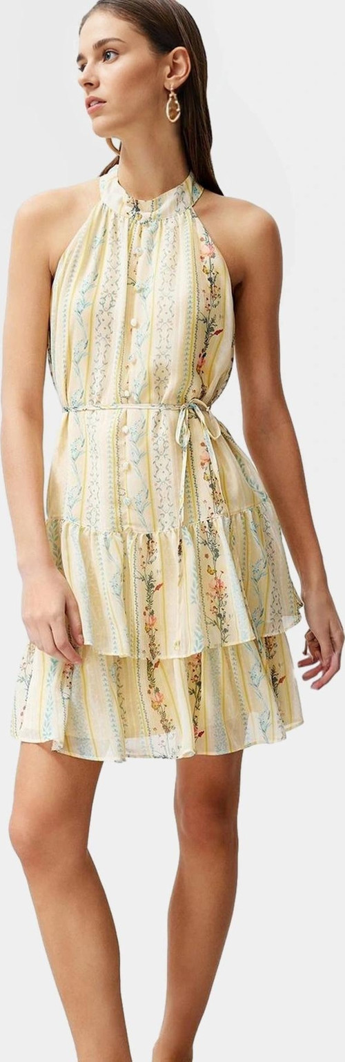 Çiçekli Desenli Halter Yaka Mini Elbise Hafif Polyester Kumaş Yazlık Günlük Şık Görünüm