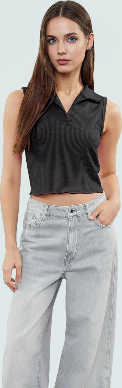 Kadın Polo Yaka Crop Örme Bluz Yazlık Rahat Kombin Trend Tasarım Uzun Ömürlü Kaliteli İşçilik
