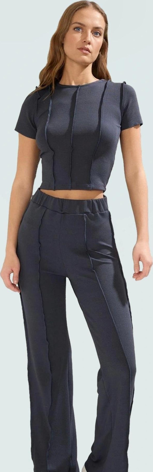 Kadın Bisiklet Yaka Kısa Kollu Örme Üst Alt Takım Yüksek Bel Pantolon Günlük Stil Mükemmel Uyum
