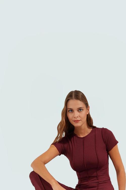 Kadın Bisiklet Yaka Kısa Kollu Örme Üst Alt Takım Yüksek Bel Pantolon Günlük Stil Mükemmel Uyum