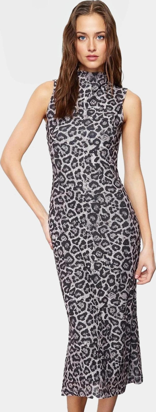 Leopar Desenli Midi Kalem Elbise Polyester Örme Kumaş Bodycon Kalıp Yazlık Dayanıklı Malzeme