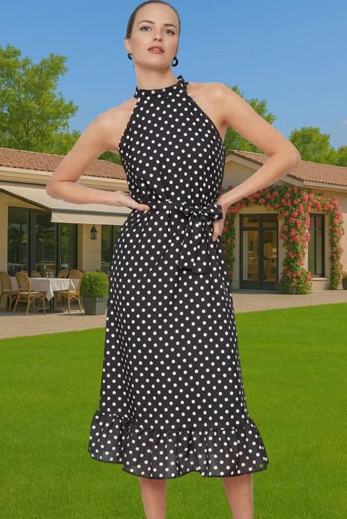 Puantiyeli A Kesim Midi Elbise Halter Yaka Polyester Yazlık Profesyonel Görünüm Uzun Ömürlü