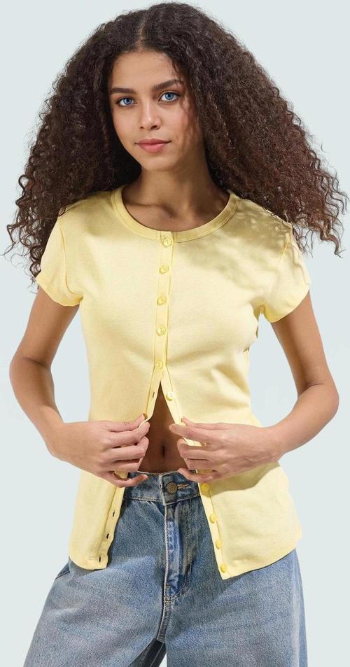 Kadın Bisiklet Yaka Kısa Kollu Pamuklu Örme Bluz Profesyonel Görünüm Seçkin Malzeme