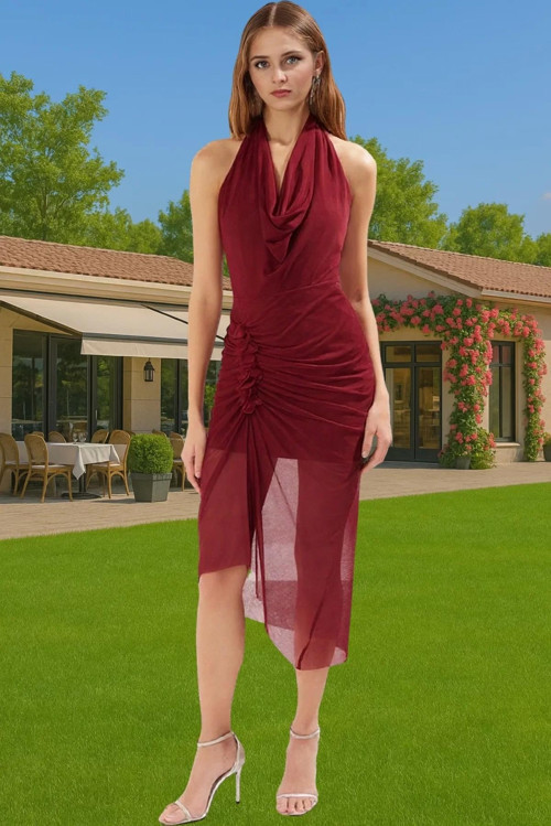 Şık Aksesuarlı Midi Örme Abiye Elbise Tül Astarlı Polyester Yazlık Yüksek Kalite Uzun Ömürlü
