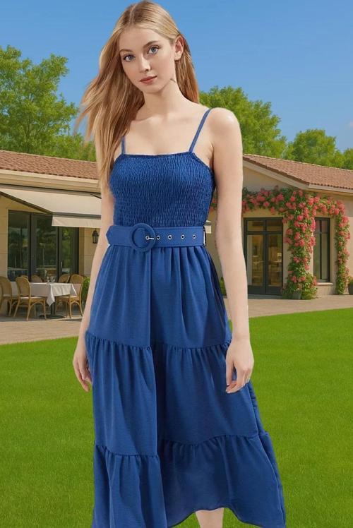 Kadın Midi Boy Askılı Pileli Bel Kemerli Polyester Günlük Elbise Profesyonel Görünüm Özenle Seçilmiş