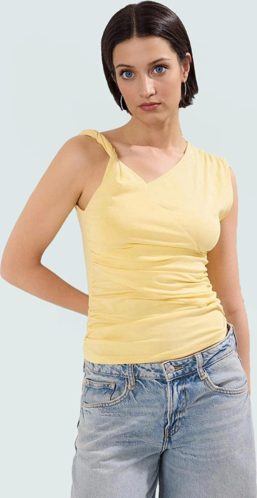 Kadın Asimetrik Yaka Büzgülü Örme Bluz Rahat Günlük Stil Trend Tasarım Şık Görünüm