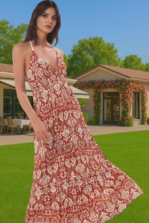 Etnik Desenli Maxi Şifon Plaj Elbise Yazlık Rahat Tasarım Konforlu Kesim Premium Kalite Şık Görünüm