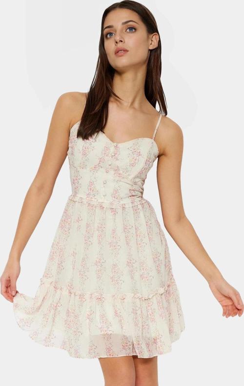 Yazlık Çiçekli Mini Şifon Elbise Astarlı Kalp Yaka Dokuma Dayanıklı Malzeme Modern Stil