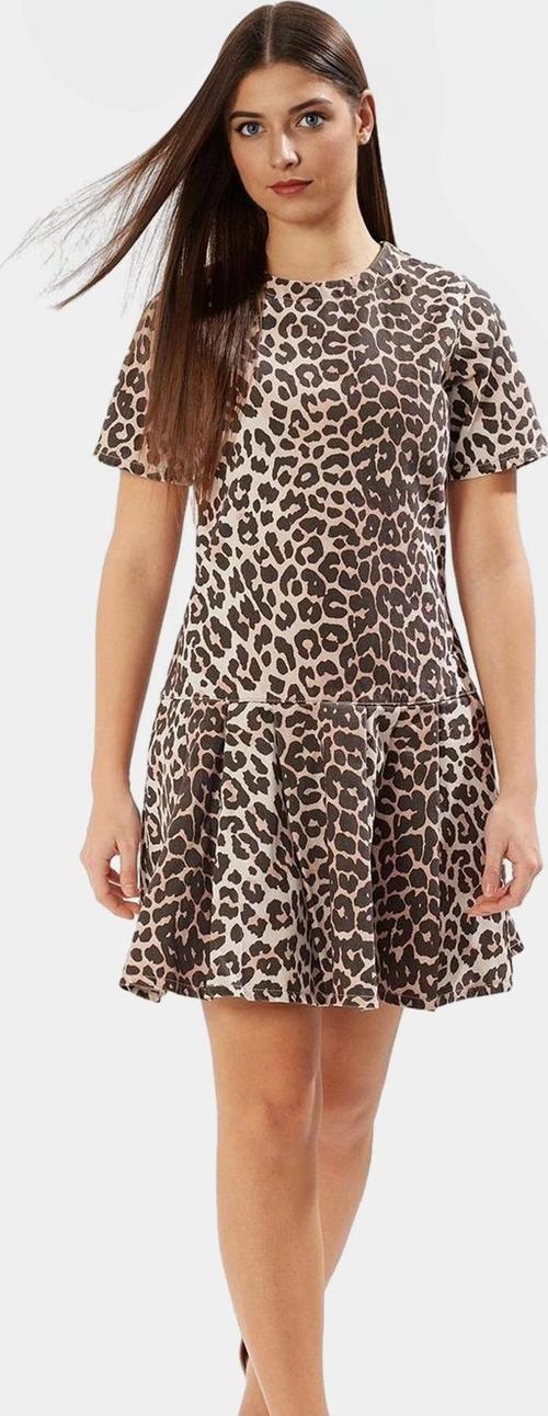 Çok Leopar Desenli Mini Denim Elbise Fırfırlı Etek Pamuk Yazlık Modern Stil