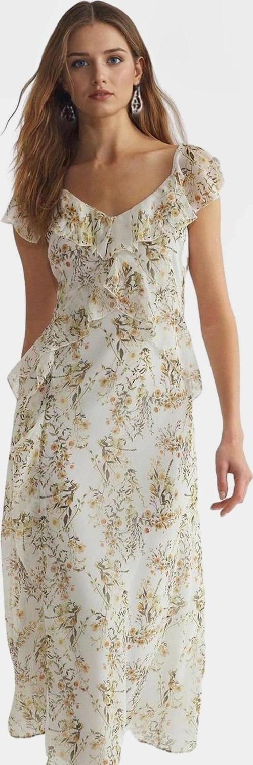 Maxi Şifon Elbise A line Kalıp V Yaka Çiçek Desenli Yazlık Konforlu Kesim Modern Stil