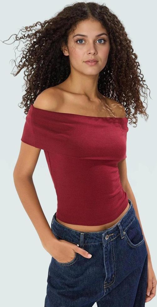 Viskoz Ribana Carmen Yaka Kısa Kollu Fitted Bluz Rahat Kullanım Özel Tasarım Premium Kalite