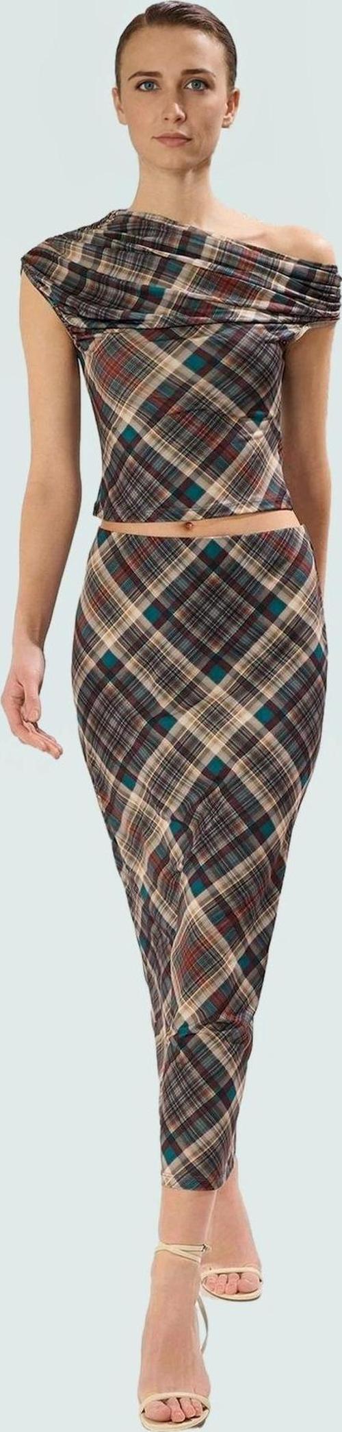 Asimetrik Yaka Kısa Kollu Örme Ekose Takım Elbise 97 Polyester 3 Elastan Günlük Stil Yüksek Kalite