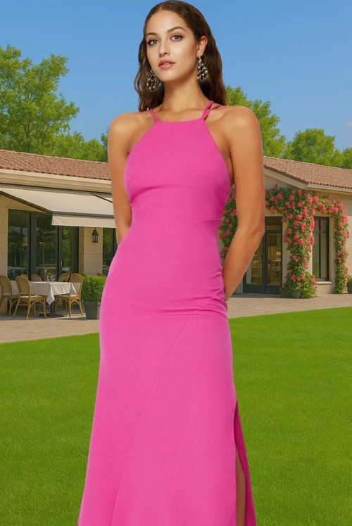 Maxi A line Halter Yaka Dokuma Abiye Elbise Polyester Karışımlı Yazlık Özel Tasarım Yüksek Kalite