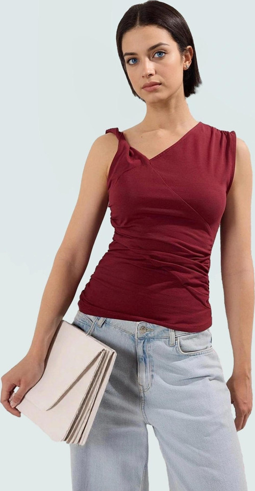 Kadın Asimetrik Yaka Büzgülü Örme Bluz Rahat Günlük Stil Trend Tasarım Şık Görünüm