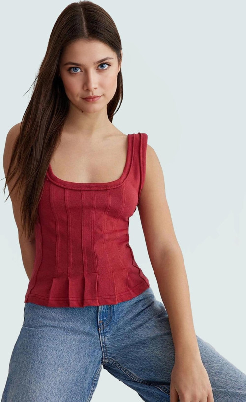 Pamuklu Kaşkorse Örme Bluz Fitted Kalıp Havuz Yaka Yazlık Günlük Yüksek Kalite