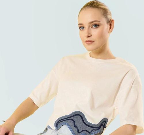 Renk Bloklu Desenli Bisiklet Yaka Kısa Kollu Pamuklu Crop Bluz Mükemmel Uyum Özenle Seçilmiş