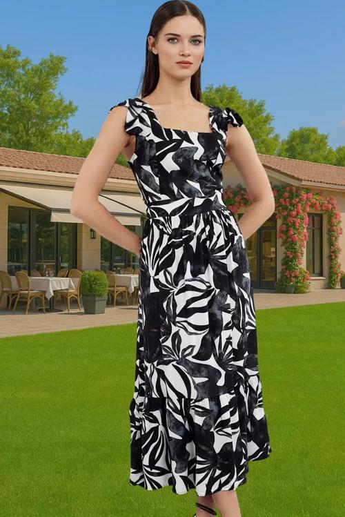 Çiçek Desenli A Kesim Midi Viskoz Elbise Büzgülü Kolsuz Yazlık Dayanıklı Malzeme Profesyonel Görünüm