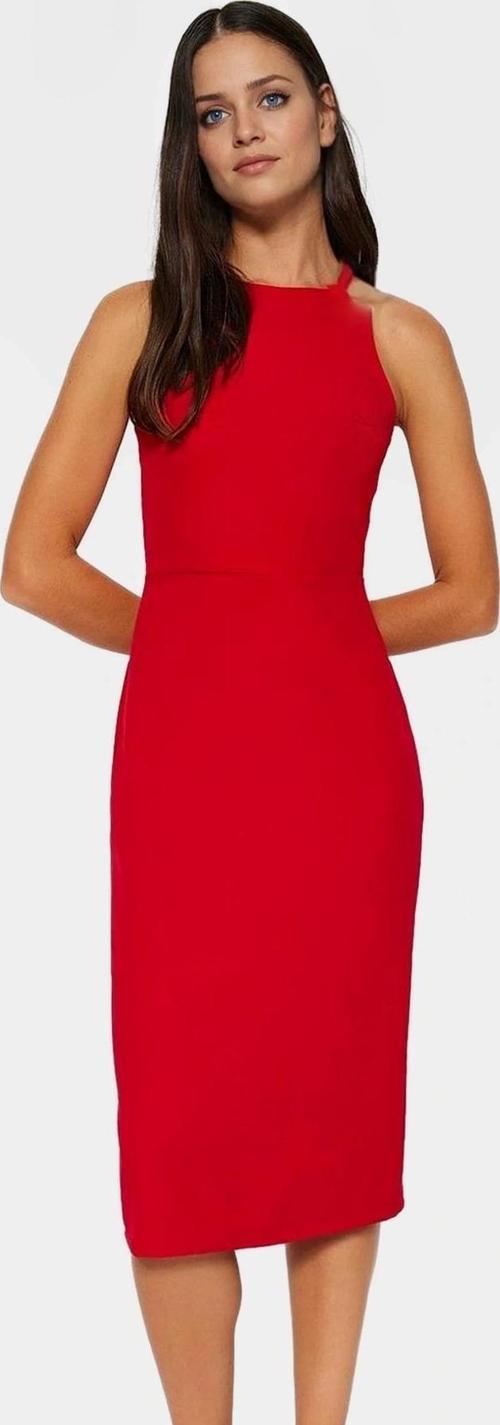 Zarif Halter Yaka Midi Elbise Vücudu Saran Kesim Dokuma Kumaş Şık Günlük Stil Profesyonel Görünüm