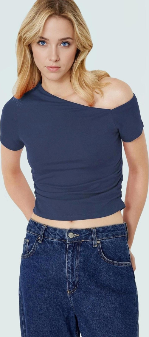 Crop Kısa Kollu Örme Bluz Asimetrik Yaka Günlük Stil Uzun Ömürlü Konforlu Kesim Mükemmel Uyum