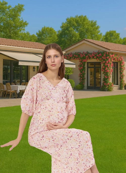 Hamile Midi Elbise Çiçekli Desen Viskoz Kumaş Rahat Günlük Yaz Profesyonel Görünüm Rahat Kullanım