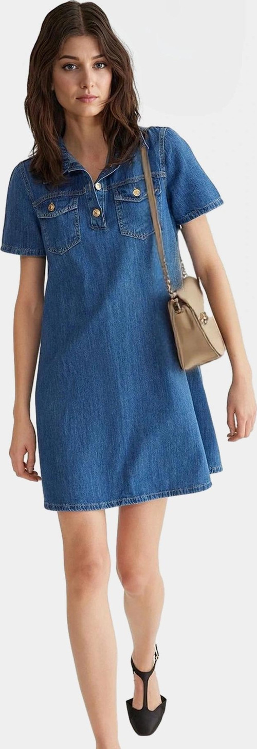 Denim Gömlek Elbise Kısa Kollu Pamuk Casual Günlük Zarifane Tasarım Kaliteli İşçilik