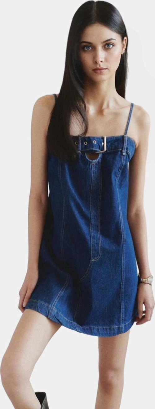 Yazlık Denim Mini Elbise A line Kalıp Straplez Yaka Metal Toka Özenle Seçilmiş