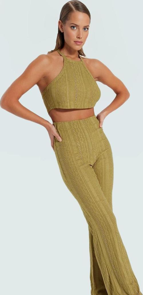 Dantel Detaylı Halter Yaka Crop Bluz ve Geniş Paça Pantolon Plaj Takımı Özel Tasarım