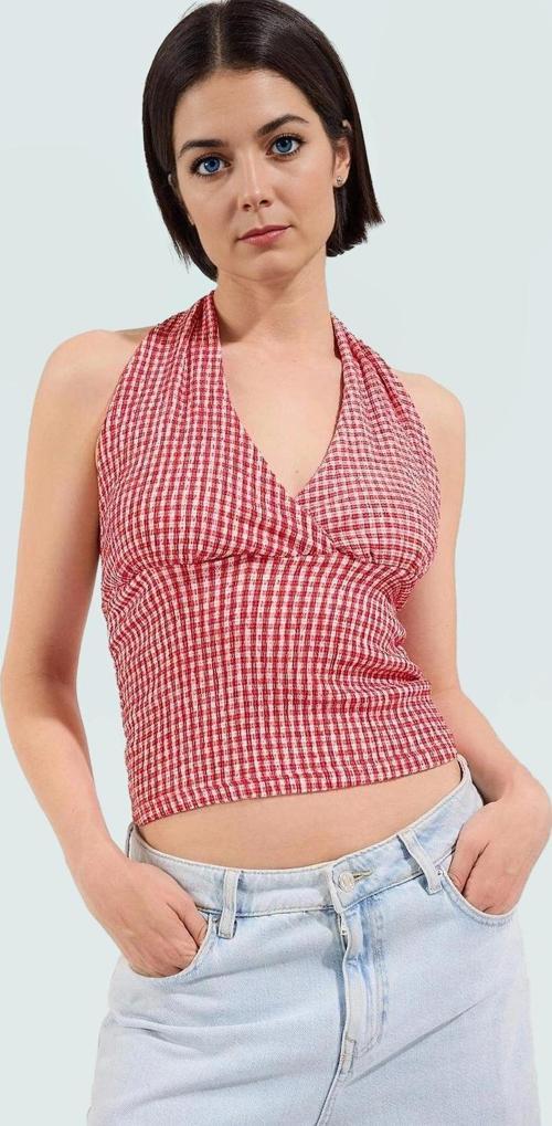 Kareli Boyundan Bağlamalı Fitted Örme Bluz Günlük Stil Özenle Seçilmiş Uzun Ömürlü