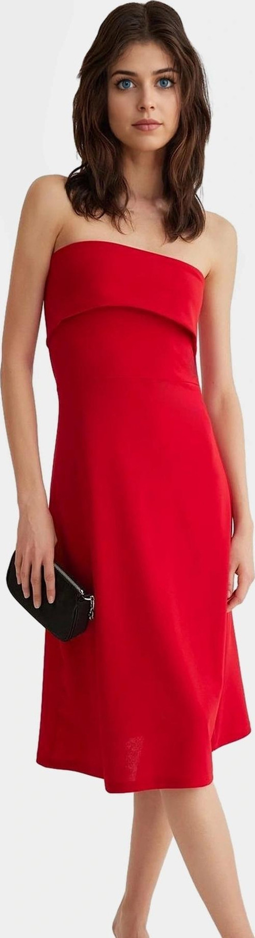 Straplez A line Midi Örme Elbise Polyester Karışımlı Yazlık Kaliteli İşçilik Seçkin Malzeme