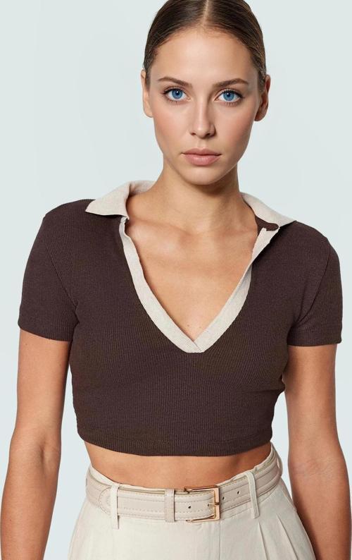 Kadın Polo Yaka Kısa Kollu Crop Bluz Esnek Örme Polyester Yüksek Kalite Özenle Seçilmiş
