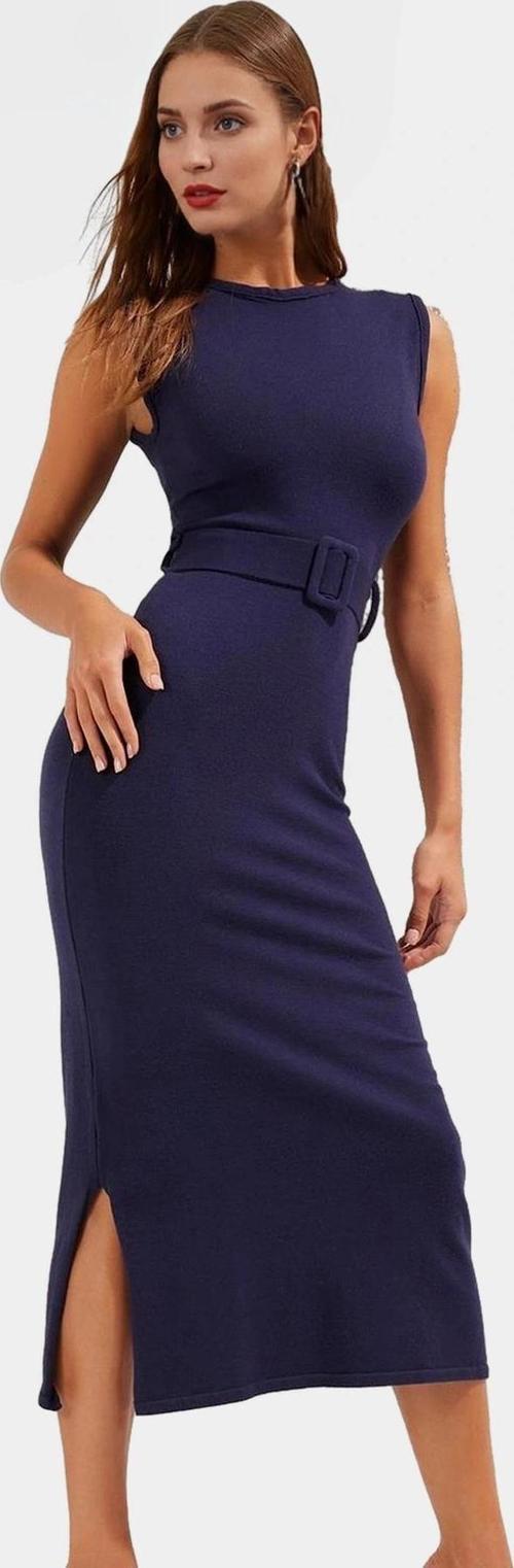 Şık Kemerli Midi Elbise Triko Kumaş Günlük Yazlık Stil Yüksek Kalite Trend Tasarım Konforlu Kesim