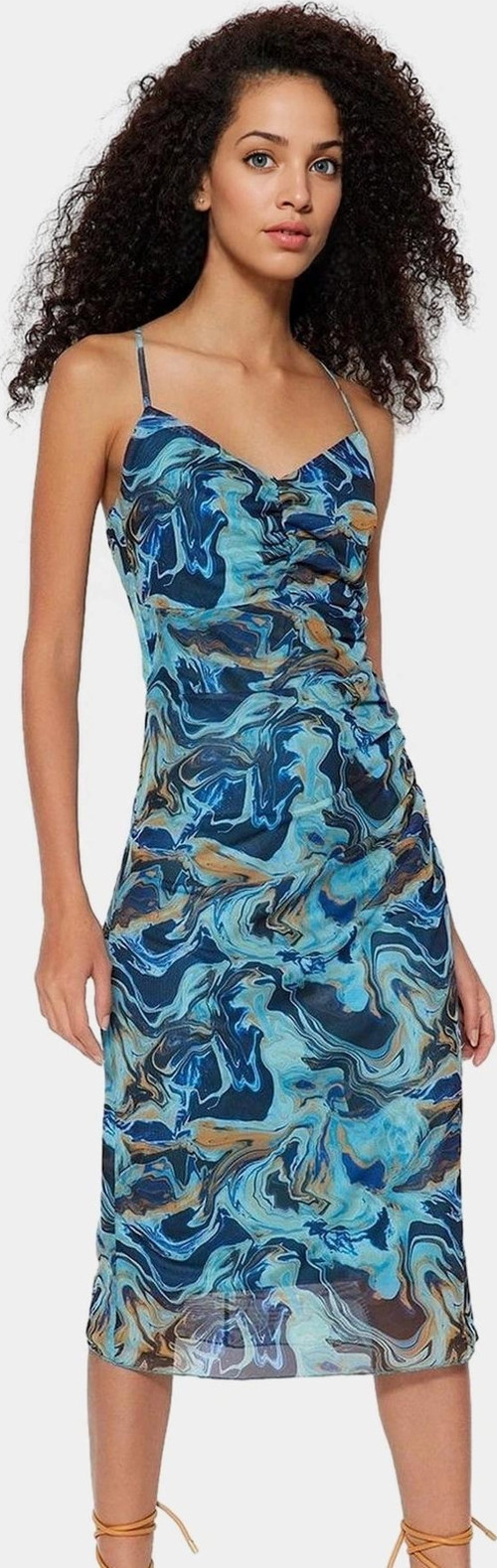 Şık Desenli Bodycon Midi Elbise İnce Askılı Örme Tül Kumaş Profesyonel Görünüm