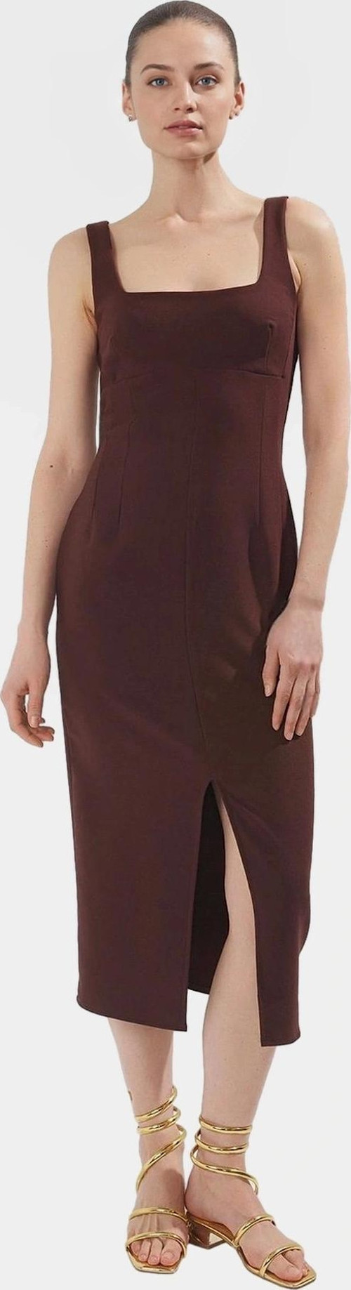 Zarif Midi Boy Kolsuz Dokuma Elbise Vücudu Saran 88% Polyester Yazlık Modern Stil Konforlu Kesim