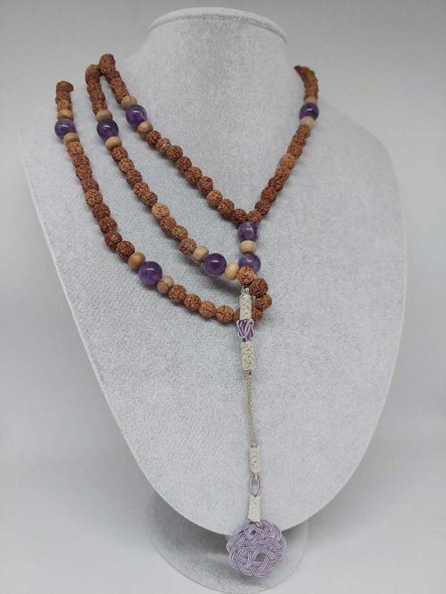 Rudraksha Tohumlu Ametist Taşlı 108'lik El Yapımı Bakır Kazazlı Mala Kolye