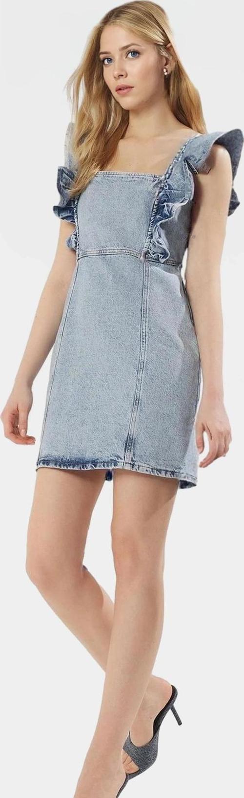 Denim Mini Elbise Kare Yaka Büzgülü Fırfırlı Kol Yazlık Günlük Tarz Yüksek Kalite Zarifane Tasarım