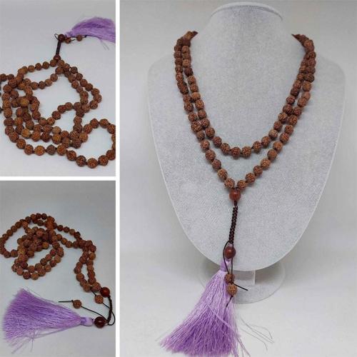 Rudraksha Tohumlu Eflatun Püsküllü 108'lik Ara Düğümlü el Yapımı Mala Kolye