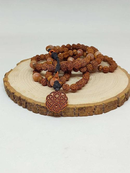 Rudraksha Tohumlu Güneş Taşlı 108'lik El Yapımı Bakır Kazazlı Mala Kolye