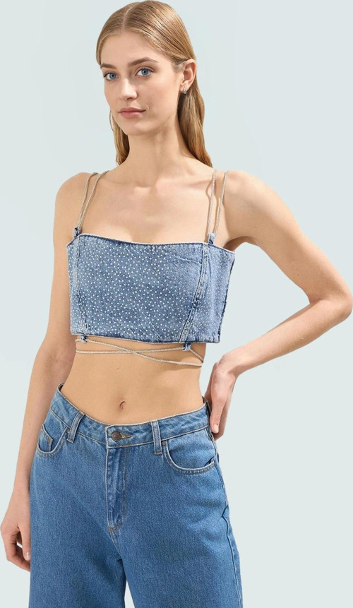 Yazlık Denim Straplez Bluz Fitted Kalıp Taş Detaylı Modern Stil Özel Tasarım Trend