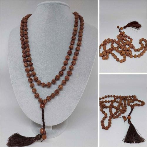 Rudraksha Tohumlu Kahverengi Püsküllü 108'lik Ara Düğümlü el Yapımı Mala Kolye